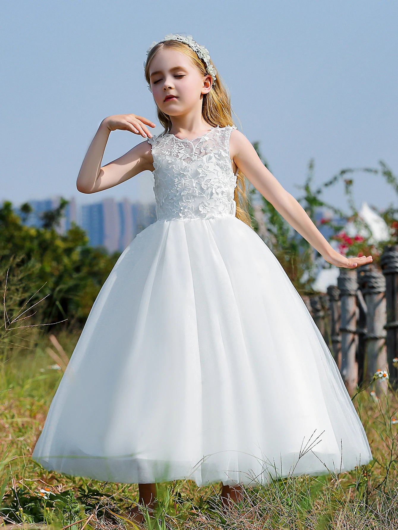 Children's Girs' Dresses for Eid Tulle Satin White Floral Girl's Dress Design for Wedding Party Princess Costume