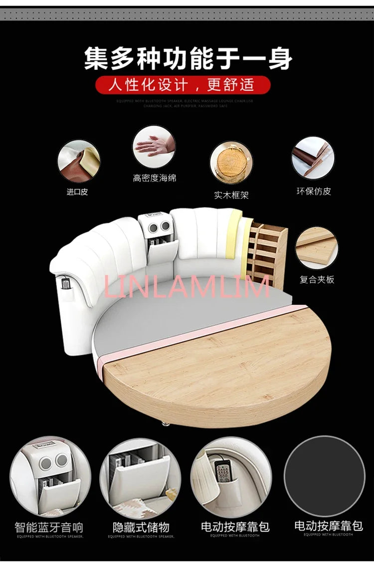 Smart bed frame camas bedroom set furniture кровать двуспальная lit beds round massage  genuine leather bed  + 2 night stands