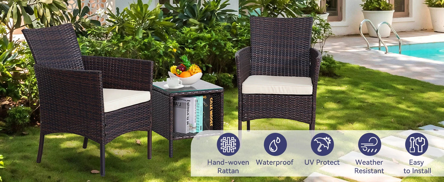 NAGA BAHNA 3-Piece Bistro Set Outdoor Patio Furniture Rattan Chairs Table Soft Cmats Tempered Glass Durable Comfortable Garden