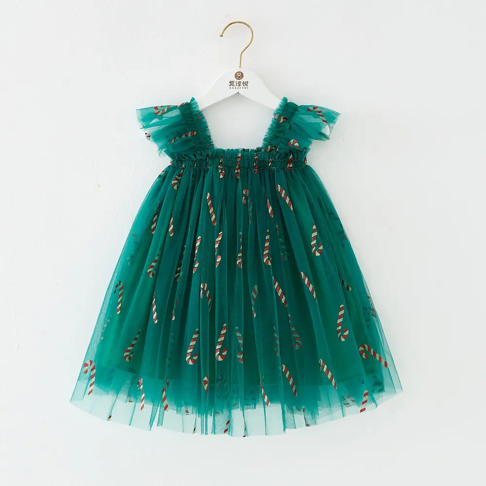 Christmas 2025 Girls Cute Fly Sleeve Star Printed Mesh Puffy Dress Halloween Children Party Photograph Princess Dress 1-6T