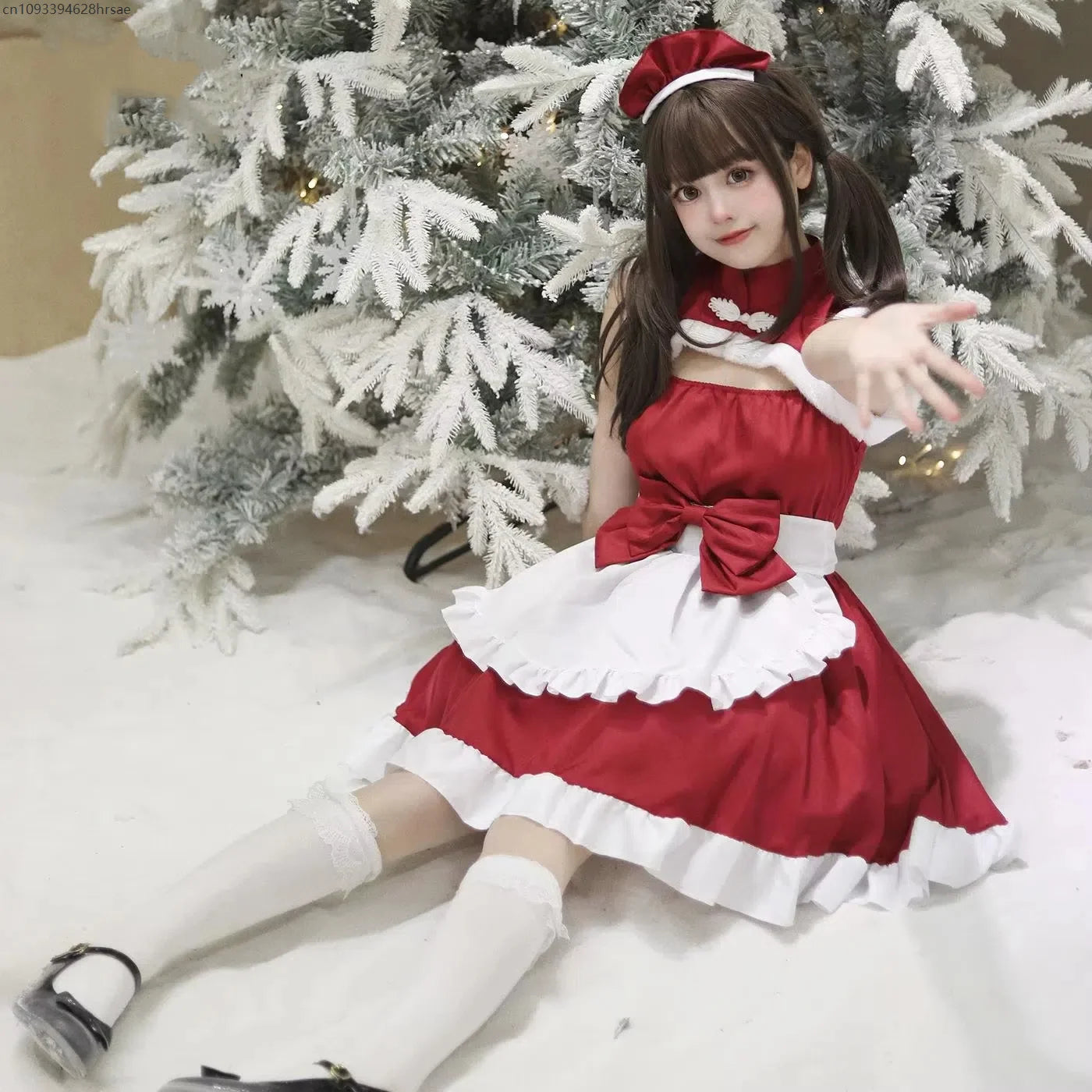 Christmas Maid Dress Girls Suit Red Lolita Cosplay Costume New Year Robe Sleeveless Party Uniform Xmas Clothing