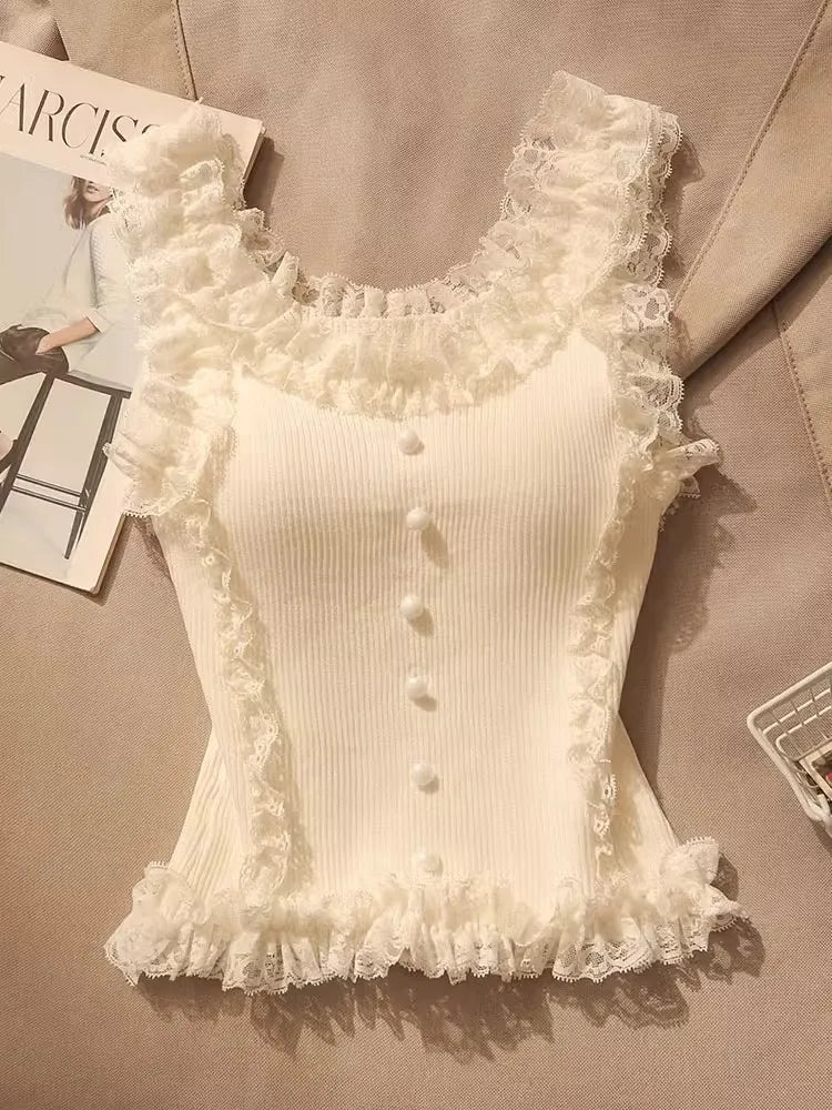 Korean Lace Patchwork Crop Top Women U-Neck Knitted Stretch Tank Top 2025 Summer Female White Lace Stretch Cami