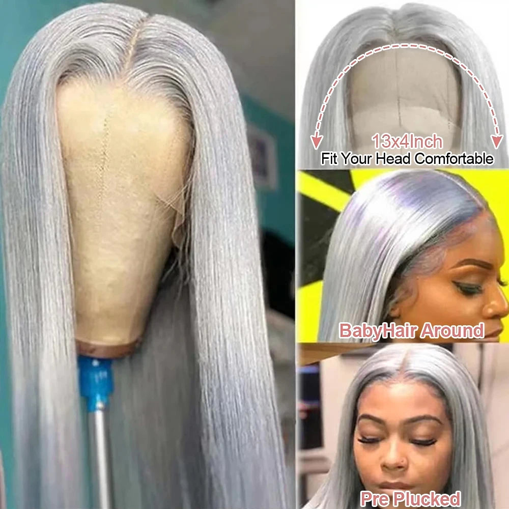 Silver Grey Straight Lace Front Human Hair Wig 40 Inches Colored HD Transparent 13x6 Lace Frontal Wig for Women Preplucked 250%