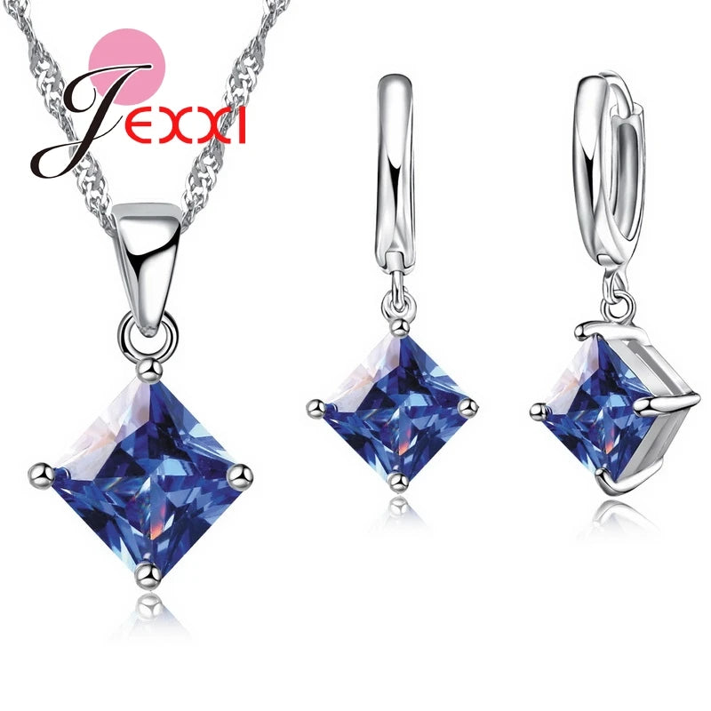 Women Accessories Pendant Necklace Earrings  Jewelry Set Girl Square Shinny CZ Crystal  Pendant 925 Sterling Silver