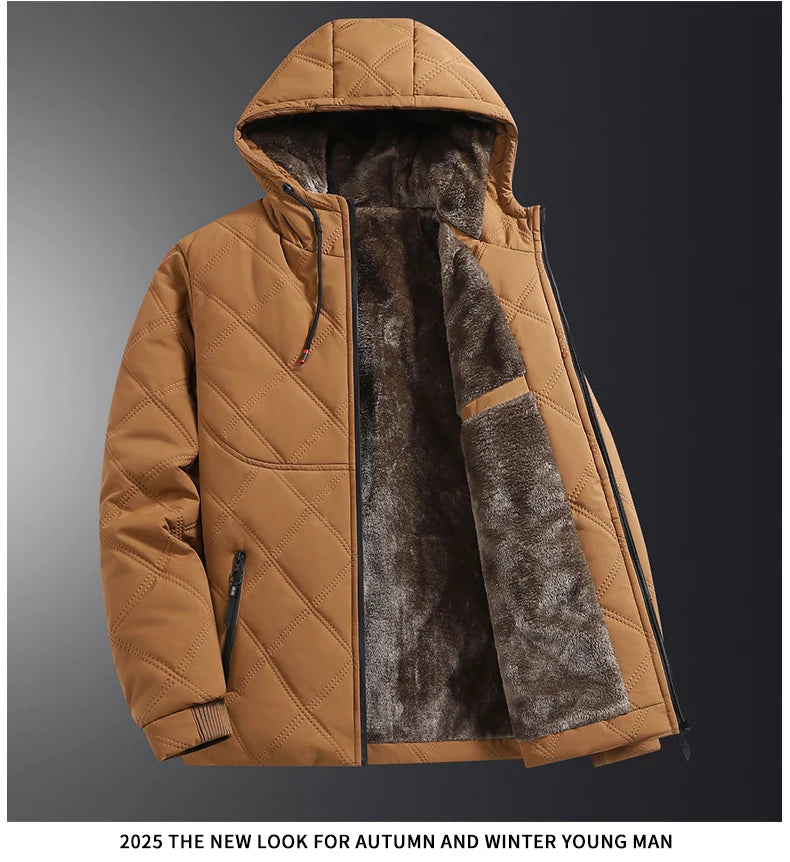 Men's hooded warm short jacket winter zipper pocket jacket outdoor sports and leisure work clothes windproof cotton jacket