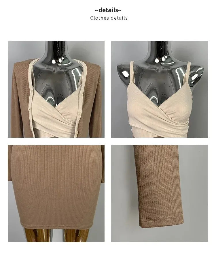 Korean Dongdaemun Slim Fit Sexy Pure Desire Wrap Body Strap Dress Long Sleeve Cardigan Two Piece Set Women's Fashion Outfit
