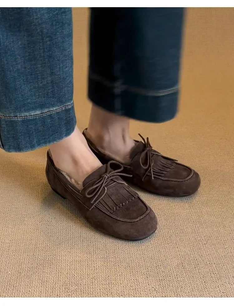 Boots for Women 2025 Hot Sale Warm Women's Flats Daily Casual Flats Women Bow Tie Fringe Round Toe Soft Bottom Boots Ladies