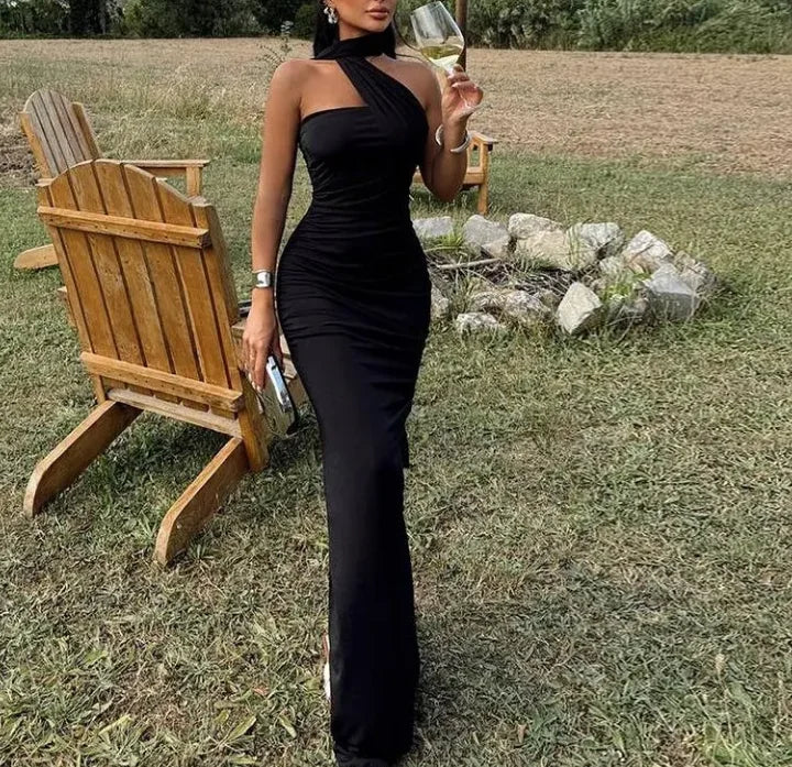 Luxurious Women's Evening Dresses Solid Color Halterneck Dress Backless Streamer Slit Temperament Long Dress for Women