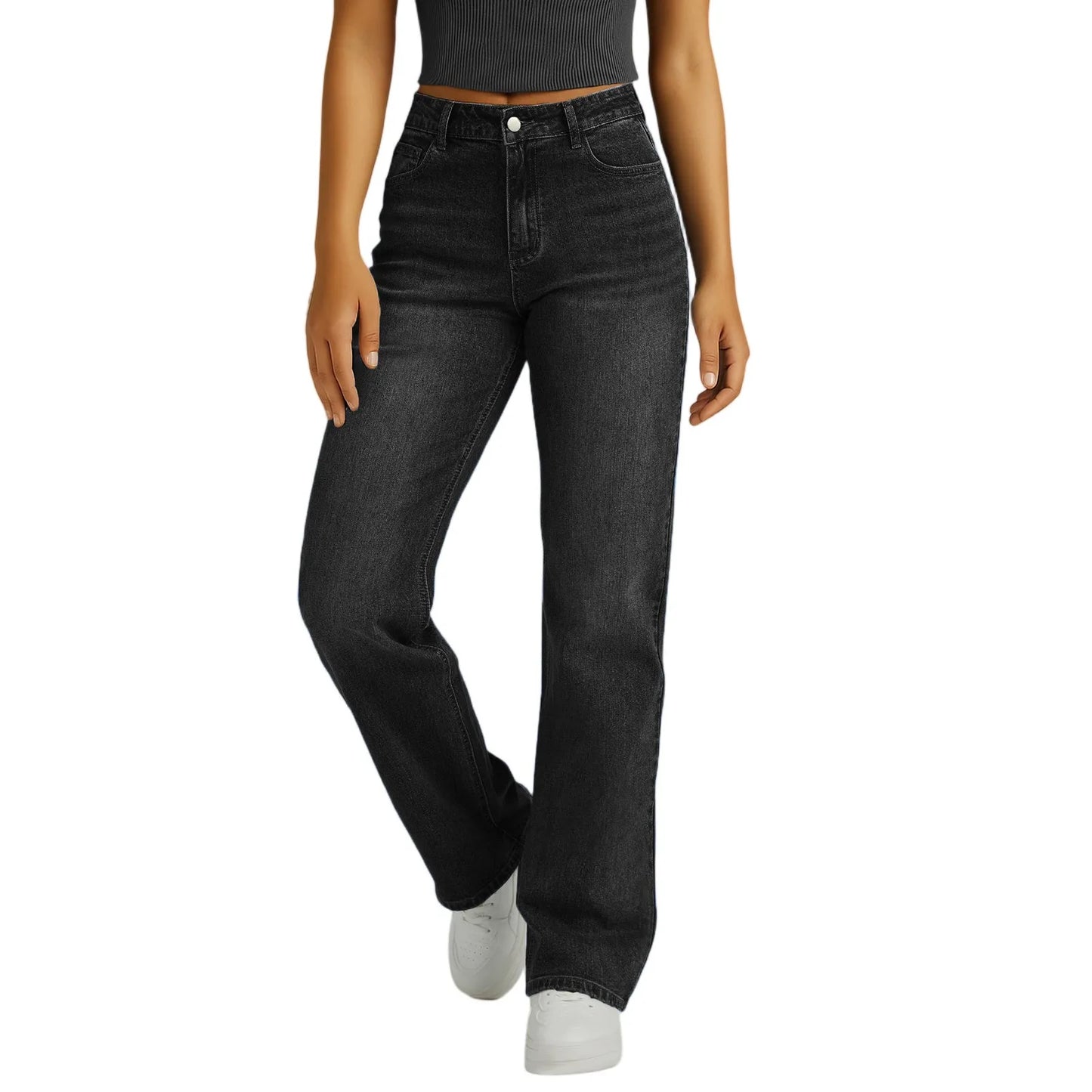 Jeans Women Straight Long Pants Casual Floor Length Mom Pant Blue High Waist Elegant Zipper Fly Pockets Slim Y2k Denim Trousers