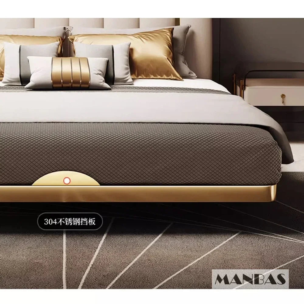 Linlamlim Modern Genuine Leather Suspended Bed With Sensor Light, Double Rectangle Bed Frame With Stainless Steel, Nordic Camas