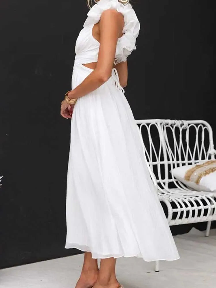 Sleeveless Dresses for Women Elegant Straps Pleated Dress Backless Summer Cotton Linen Dresses High Waist Wholesale Dropshipping