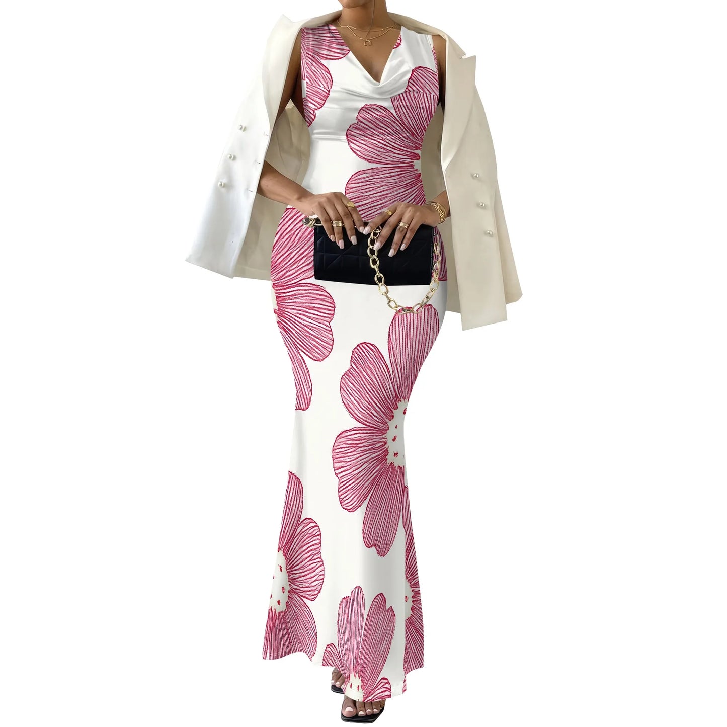 Women's Summer Rehearsal Dinner Dresses for Bride Sexy Floral Bodycon Dress Mermaid Elegant Sleeveless V Neck Formal Maxi Dresse