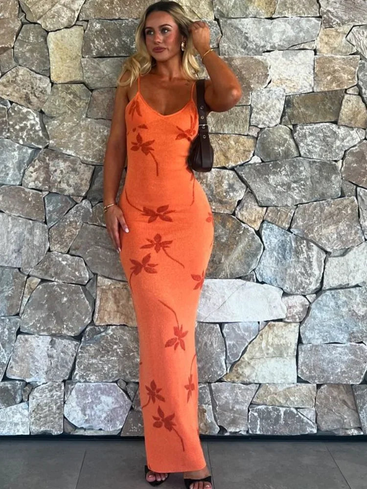 Elegant Sleeveless Long Dress Sexy V Neck Backless Maxi Dresses Women's High Waist Slim Summer Vestidos Lady Printing Robes