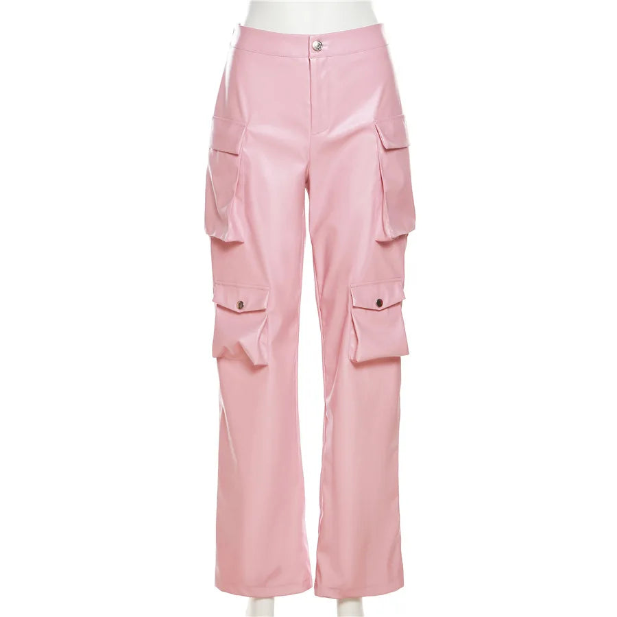 Pink Cargo Pants for Women 2025 Spring Straight Leg Solid Multi-Pocket Design High Waist Pu Leather Loose Baggy Pants Streetwear