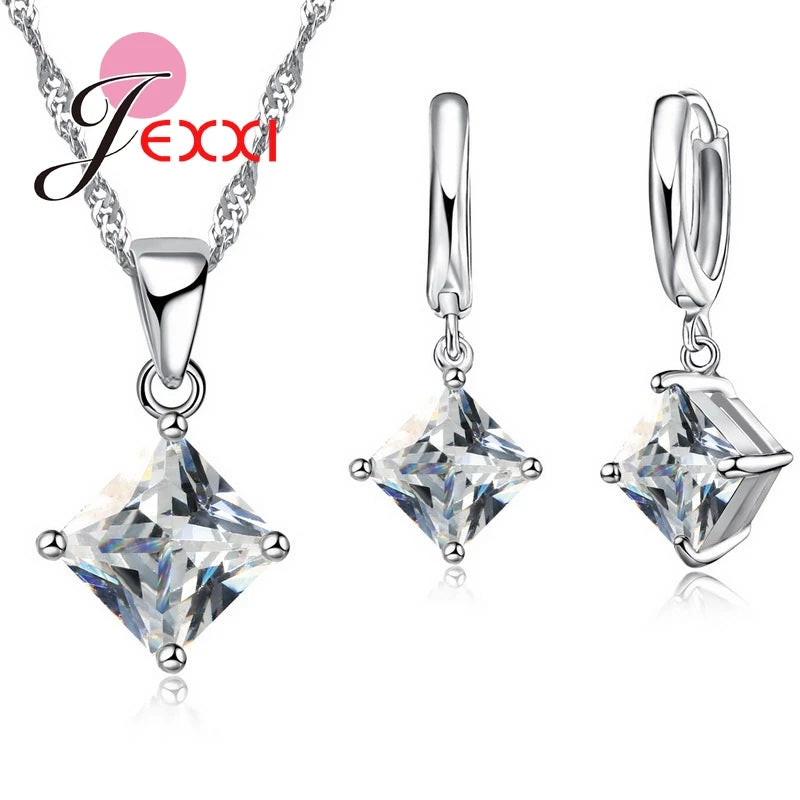 Women Accessories Pendant Necklace Earrings  Jewelry Set Girl Square Shinny CZ Crystal  Pendant 925 Sterling Silver