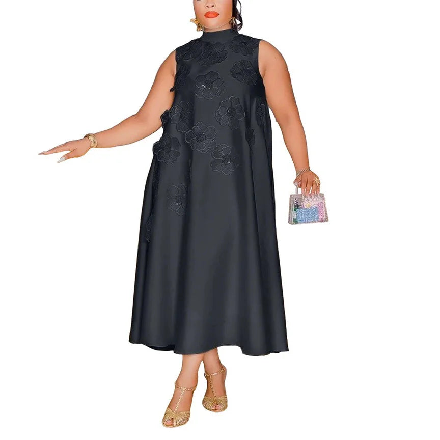 Elegant Dresses for Woman 2025 New O Neck Sleeveless Floral Decorate Straight Ankle Length Fashion Ladies Birthday Party Dress