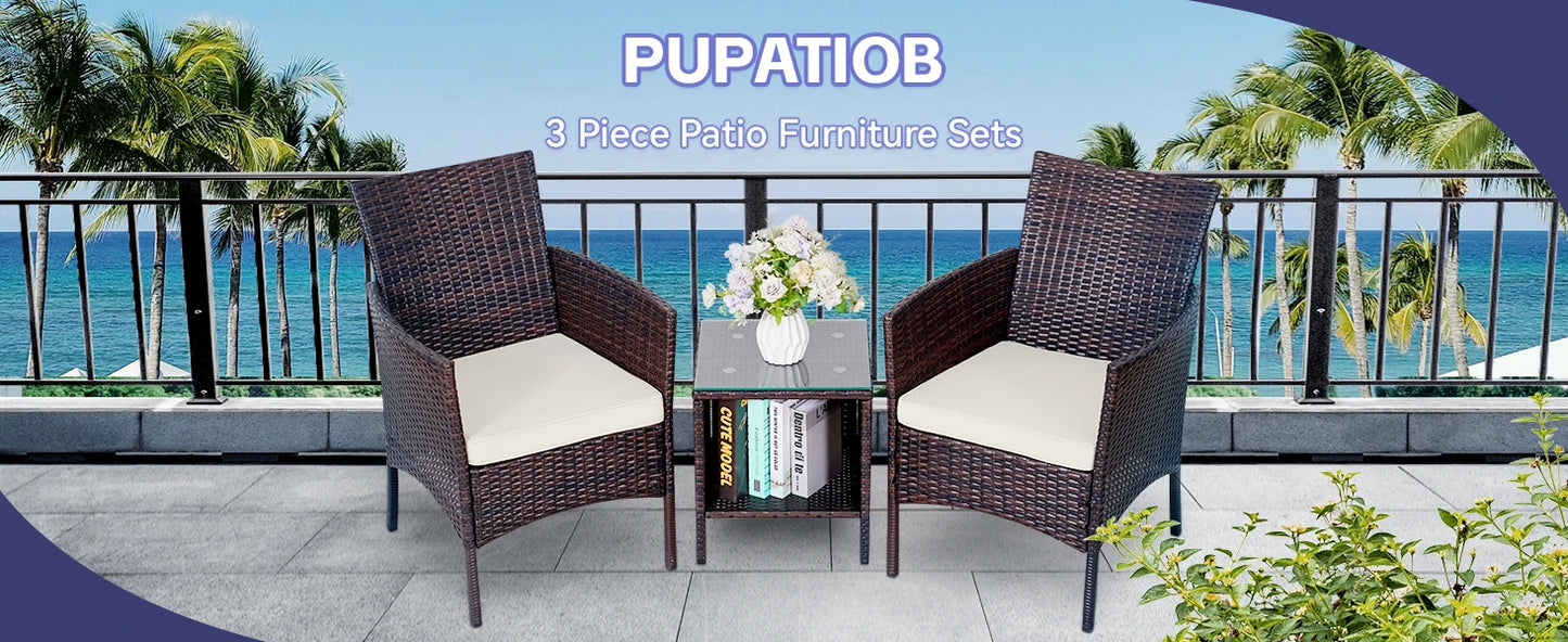 NAGA BAHNA 3-Piece Bistro Set Outdoor Patio Furniture Rattan Chairs Table Soft Cmats Tempered Glass Durable Comfortable Garden