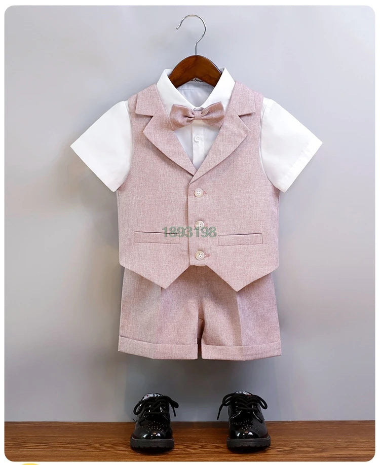 Children's Summer Blue Vest Dress Suit Boy Birthday Party Performance Photography Costume Kids Waistcoat Shorts Bowtie Outfit