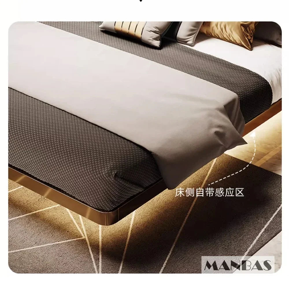 Linlamlim Modern Genuine Leather Suspended Bed With Sensor Light, Double Rectangle Bed Frame With Stainless Steel, Nordic Camas