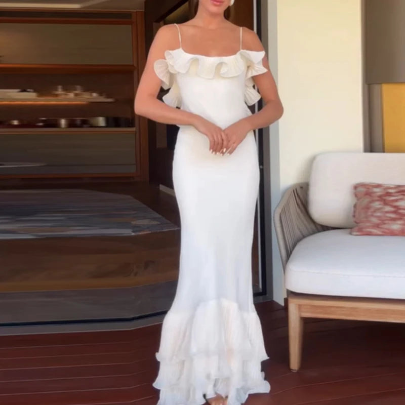 Temperament High Waist Sleeveless Banquet Dress Sexy Suspender Hollow Out Evening Dress Elegant Pure Color Ruffle Wrap Hip Dress