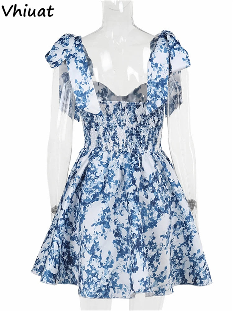 Vhiuat Blue Floral Print Cute Elegant Off Shoulder Mini A-Line Dress Lace Up Fashion Women Party Evening Dresses Summer 2024