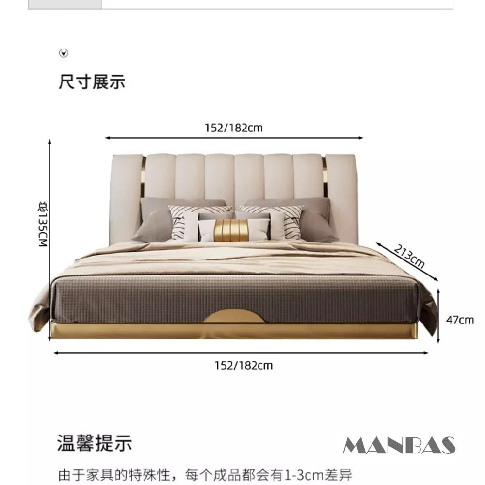 Linlamlim Modern Genuine Leather Suspended Bed With Sensor Light, Double Rectangle Bed Frame With Stainless Steel, Nordic Camas