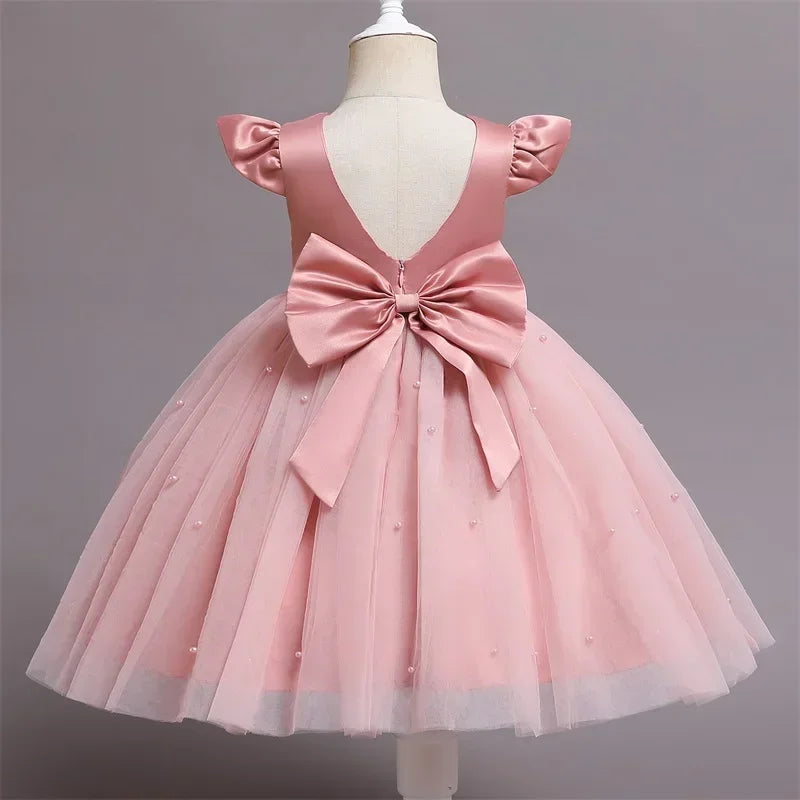 Toddler Girl Flower Birthday Tulle Dress Backless Bow Wedding Dress Kids Christmas Party Princess Dress Baby Girl Clothes