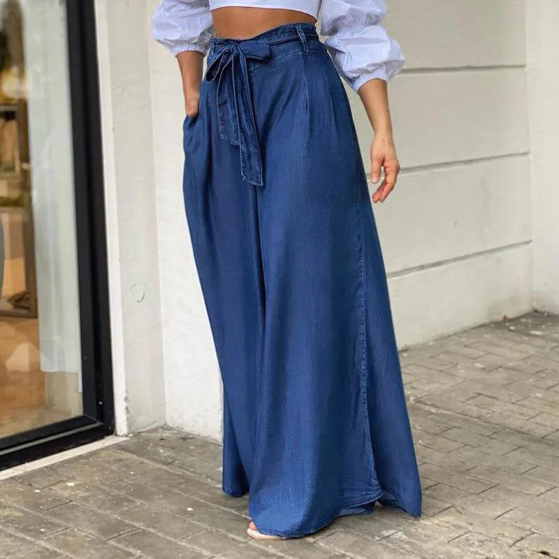 Elegant High Waist Jeans Women Denim Summer Wide-leg Pants Lace-up Solid Female Lage Size Street Casual Trousers Clothing