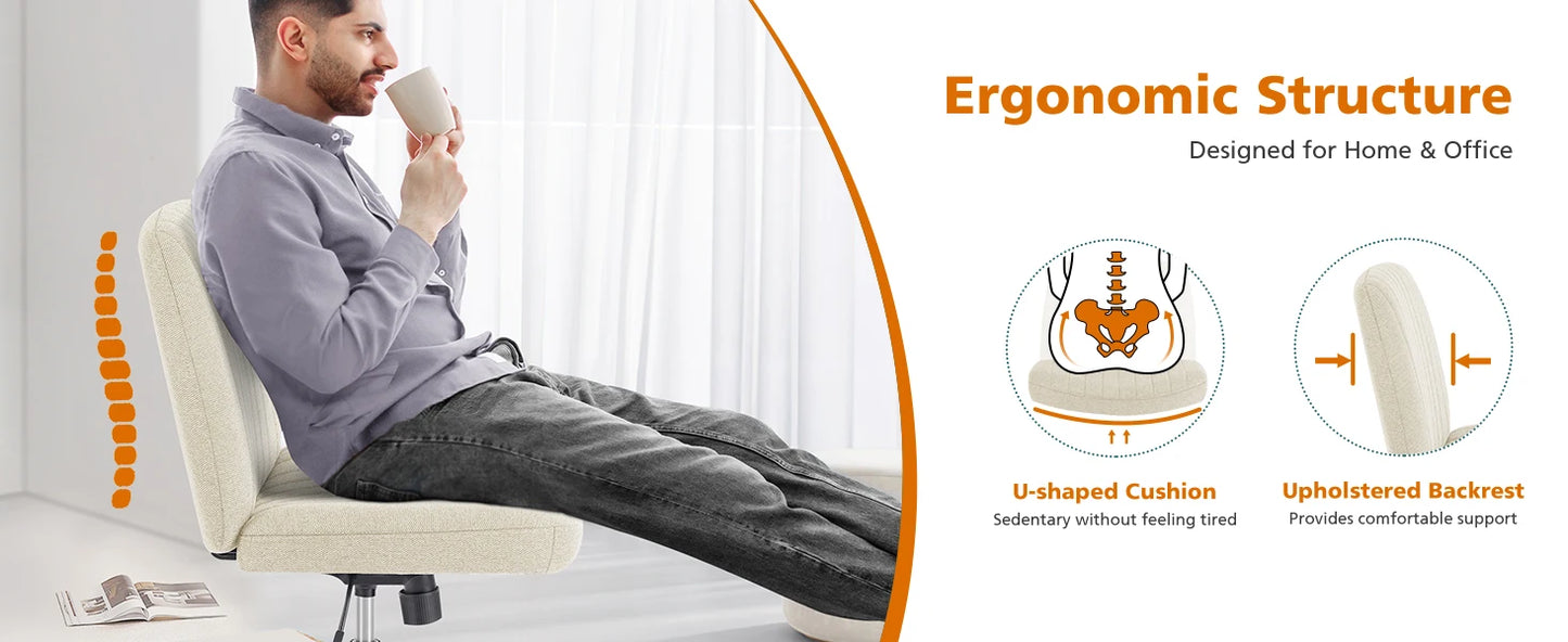 JHK Cross Legged Office Living Room Rocking Gaming Chair Armless Wide Desk Adjustable Swivel Fabric Task Vanity Home Office