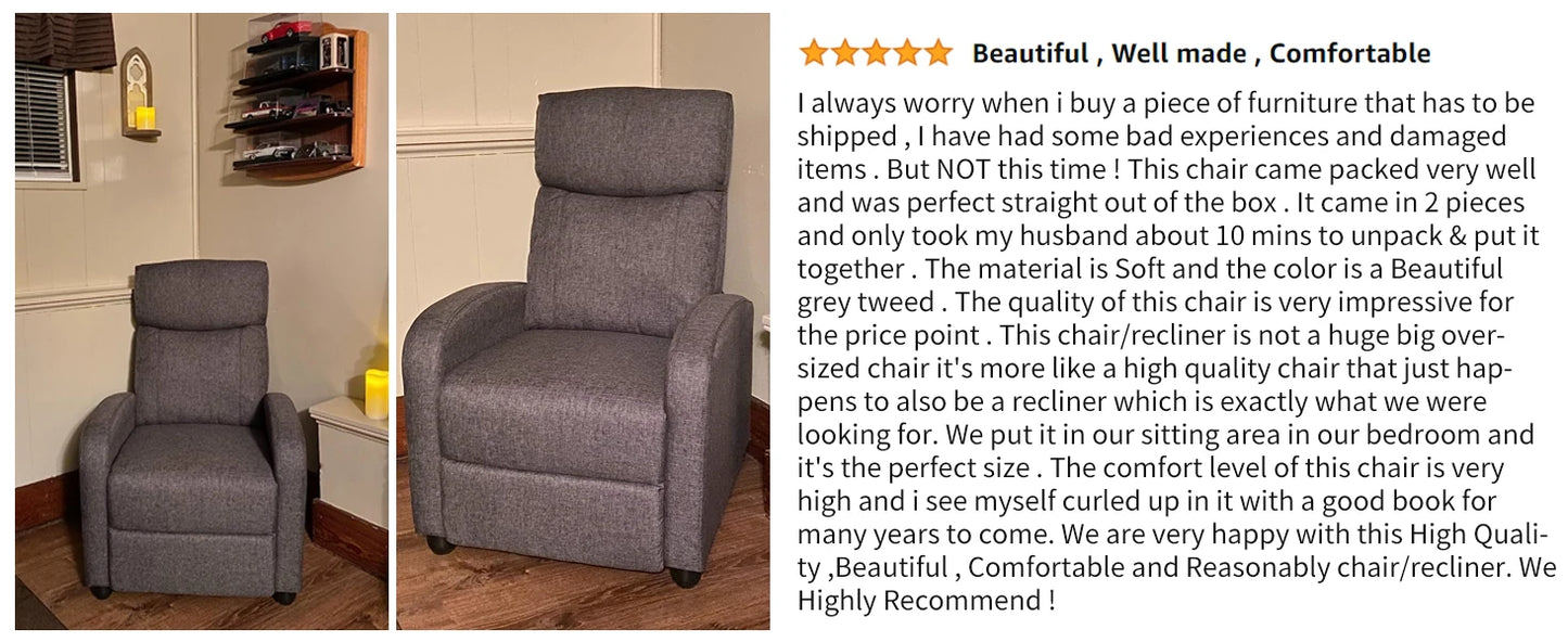 JHK Recliner Chair Massage Sofa Fabric Theater Lumbar Support Adjustable Modern Padded Seat Backrest Living Room Home Grey