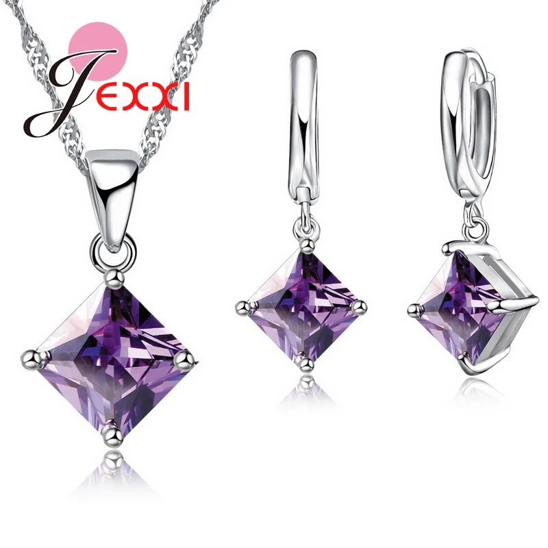 Women Accessories Pendant Necklace Earrings  Jewelry Set Girl Square Shinny CZ Crystal  Pendant 925 Sterling Silver