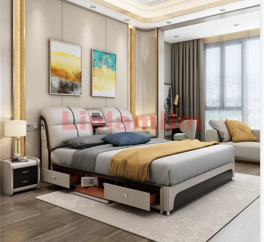 Linlamlim Tech-Smart Multifunctional Bed Genuine Leather Ultimate Camas Tatami Lit with Massage, Projector, Air Purifier,Speaker