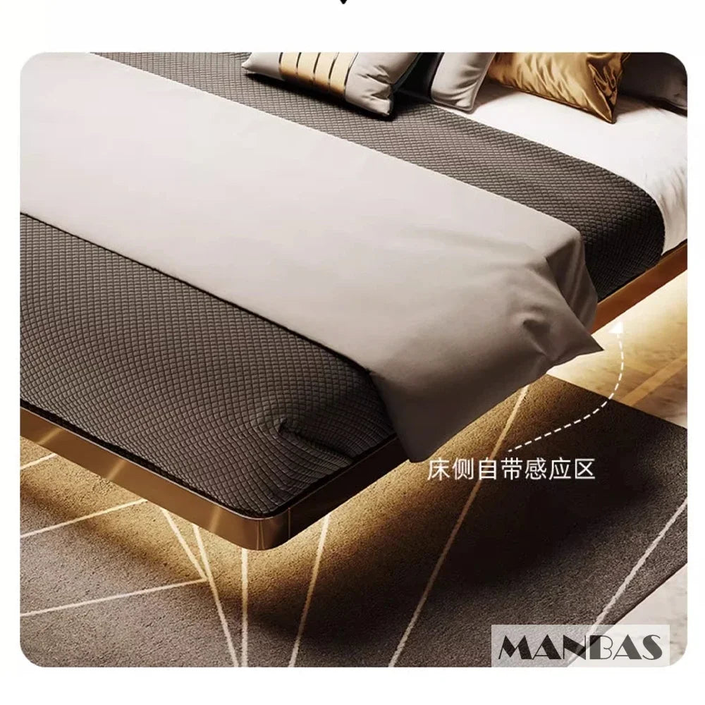 Linlamlim Modern Genuine Leather Suspended Bed With Sensor Light, Double Rectangle Bed Frame With Stainless Steel, Nordic Camas