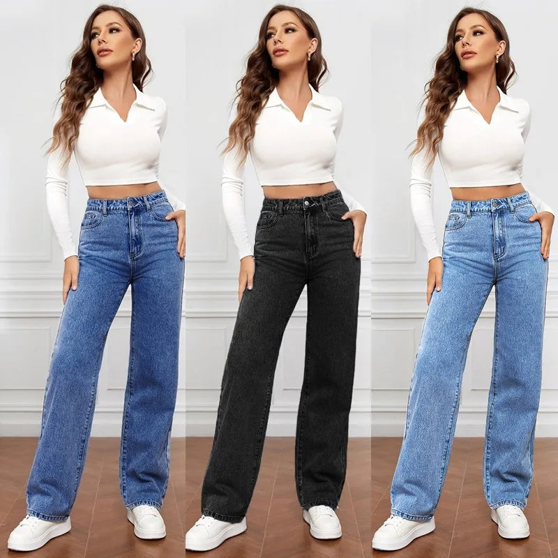 2025 Fall New! European & American Style Women's Casual High-Waisted Wide-Leg Jeans-Trendy Denim for Fashionable Ladies
