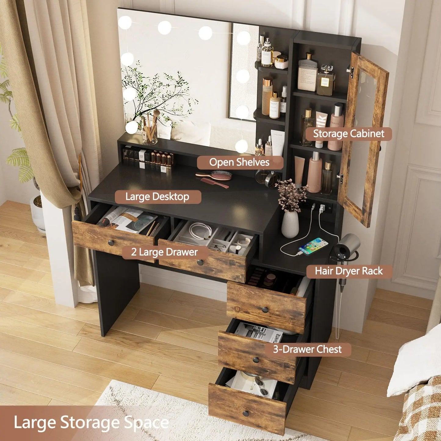 Vabches Vanity Desk with Mirror Lights Makeup Vanity Table with Power Strip&Visible Storage Cabinet Wood 5 Drawer Dressing Table