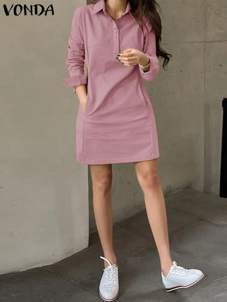 VONDA 2025 Summer Shirt Dress Women Elegant Long Sleeve Solid Color Sundress Casual Loose Buttons Pockets Short Mini Vestidos