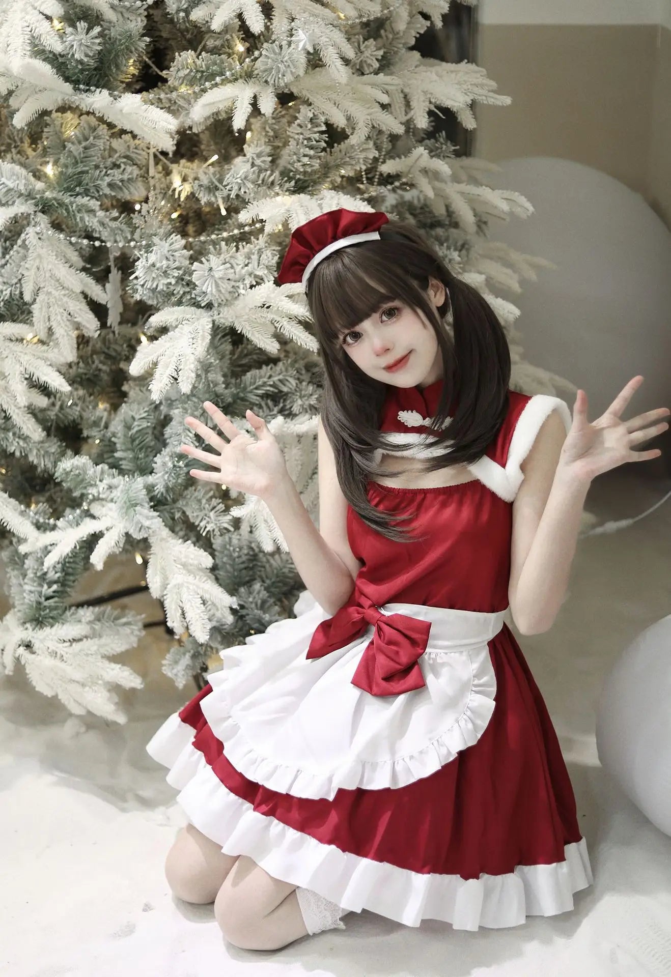Christmas Maid Dress Girls Suit Red Lolita Cosplay Costume New Year Robe Sleeveless Party Uniform Xmas Clothing