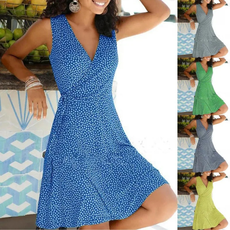 Dresses for Women 2025 Casual Plus Size Women's Floral Wrap V Neck Midi Dress A Line Swing Cap Sleeve Midi Vestidos De Fiesta