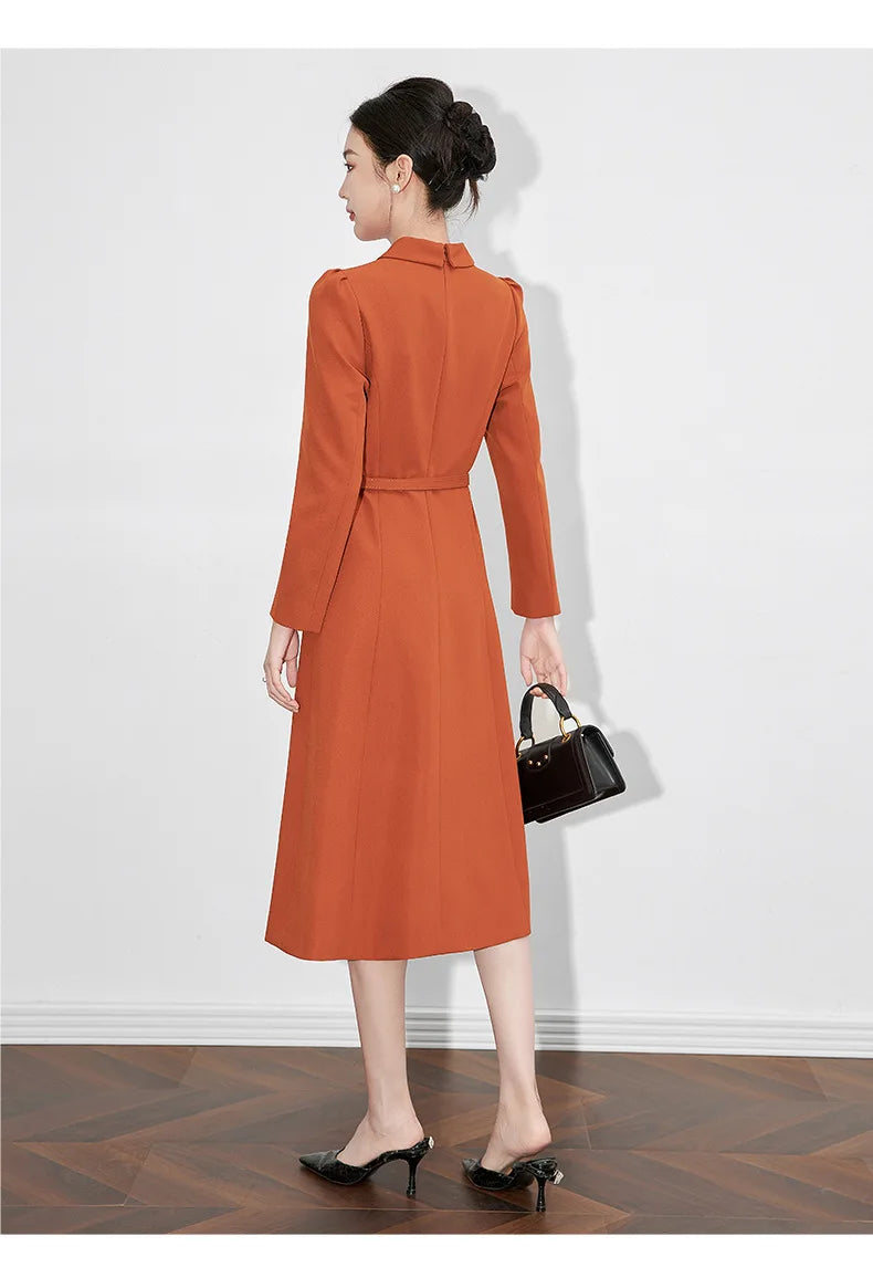 Dresses For Women 2024 Luxury Brand Autumn Long Dress Women's Turn-down Collar Sleeves Single Breasted Sashes Office Lady