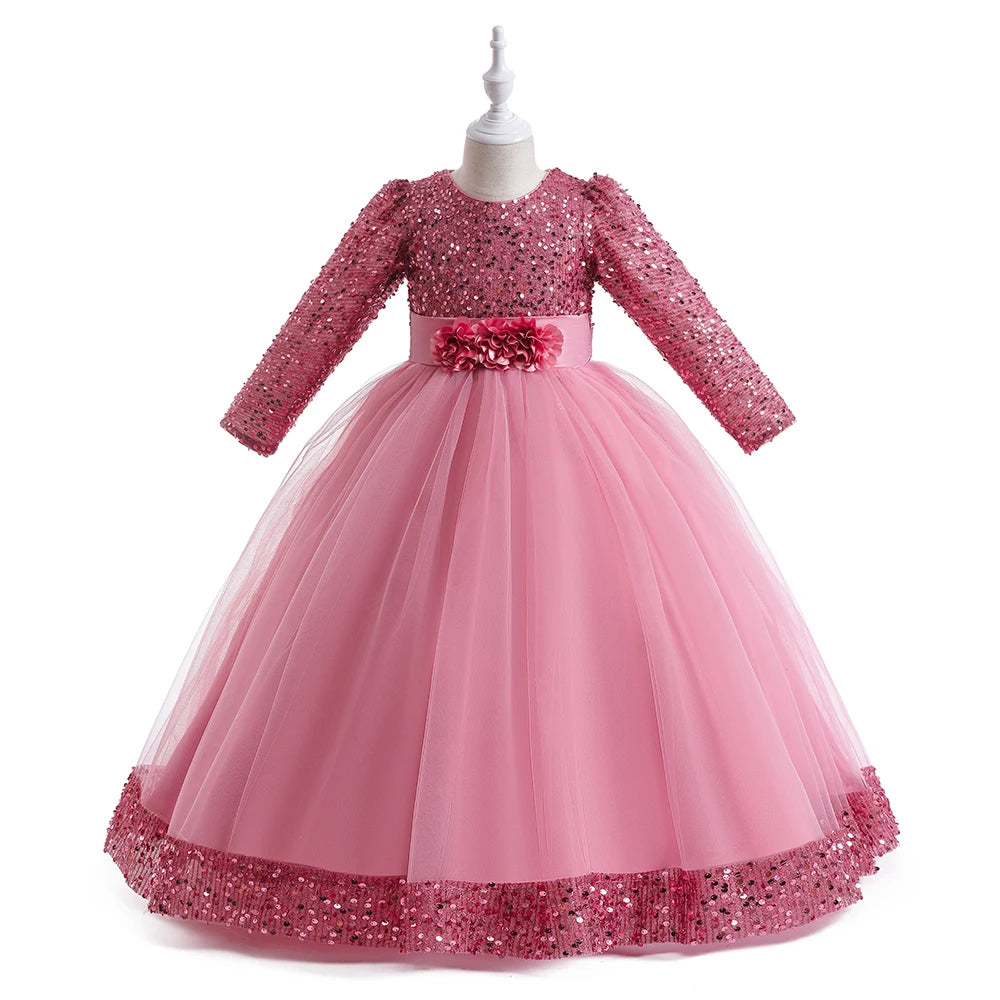 Christmas Princess Dress For Girls Children Costume Long Sleeve Sequin Wedding Evening Vestidos Kids Girl Birthday Party Dresses