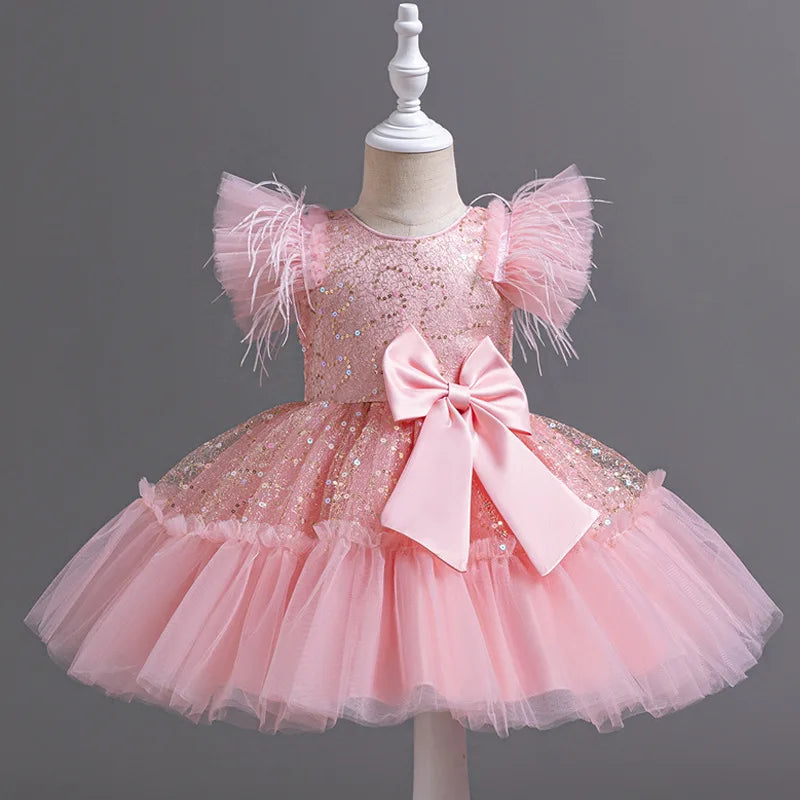 Summer New Girl's Sequin Flying Sleeves Big Bow Mesh Spliced Dress Birthday Party Wedding Flower Girl Princess Dress