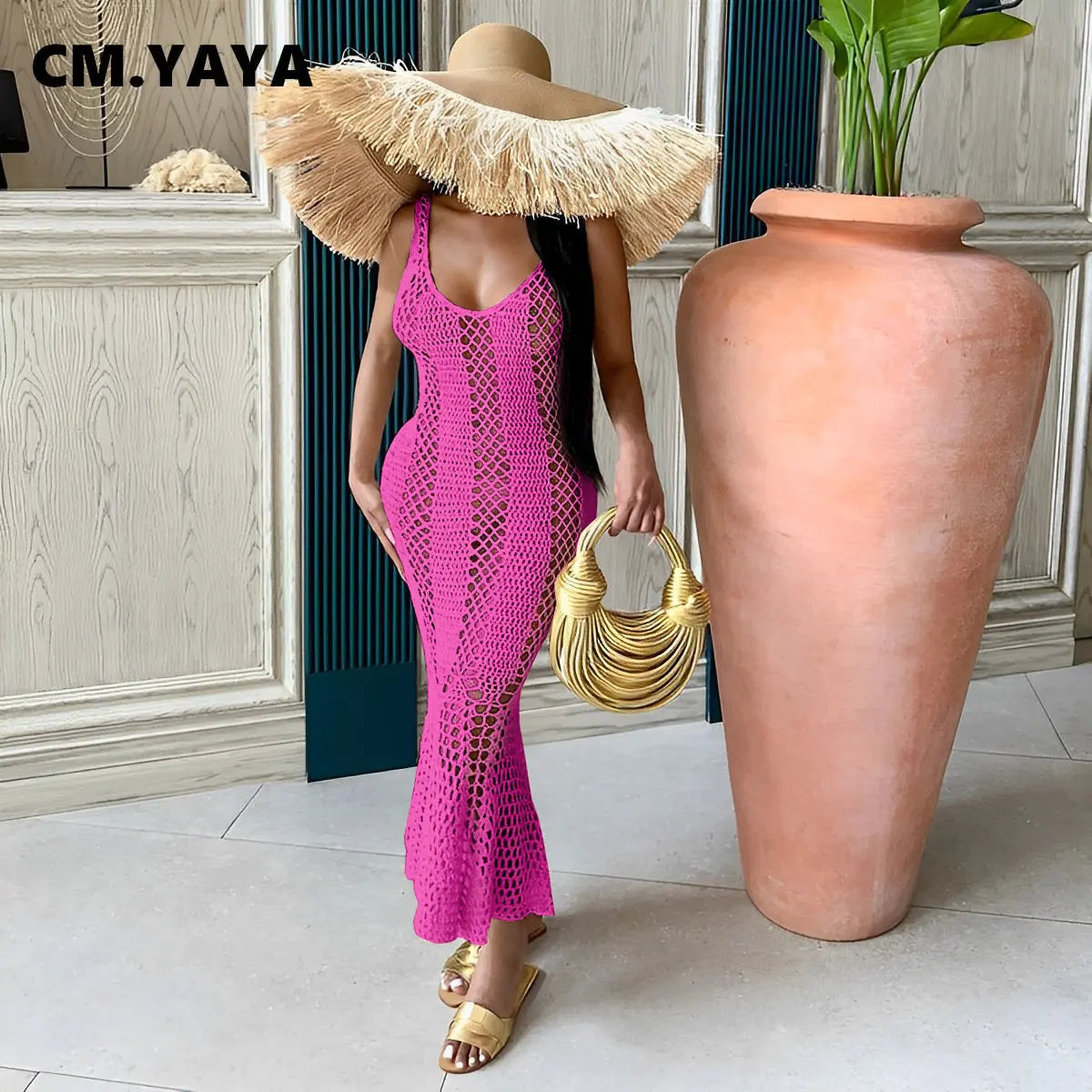 CM.YAYA Women Sleeveless Hollow Out Knit Ribbed Crochet Tank Mermaid Bodycon Midi Dress 2023 Sexy Party Club Vestidos Dresses