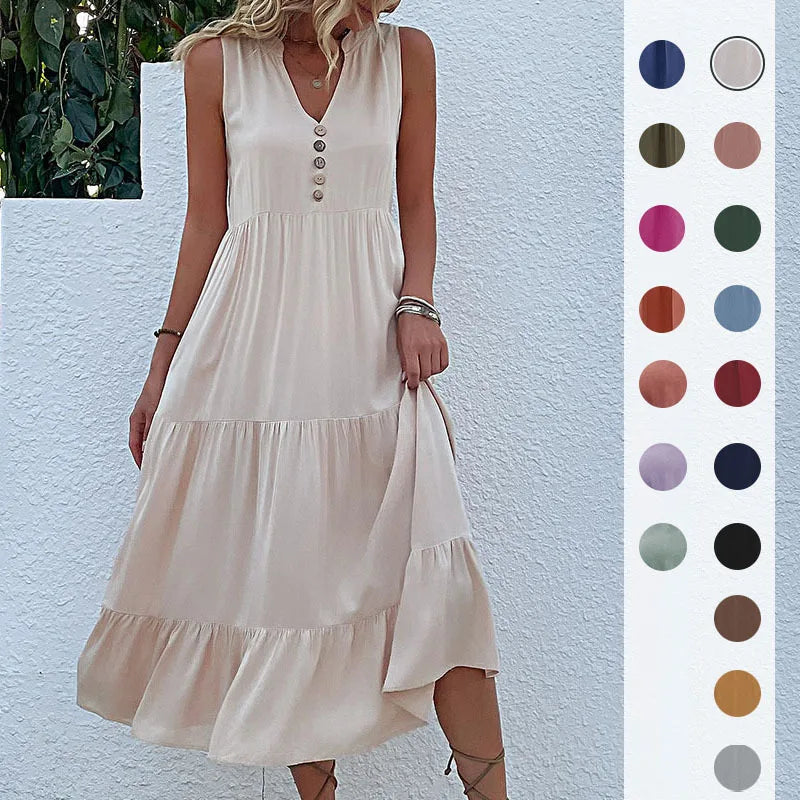 Dresses for Women 2025 Summer V-neck Single-breasted Vest Dress Sleeveless Loose Casual Solid Color Dress Vestidos De Mujer
