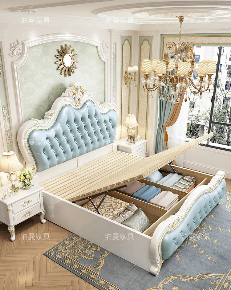 Luxury Couple Bed European Aesthetic Leather Queen Size Princess Bed Storage Space Cama De Casal Luxuosa Modern Furniture