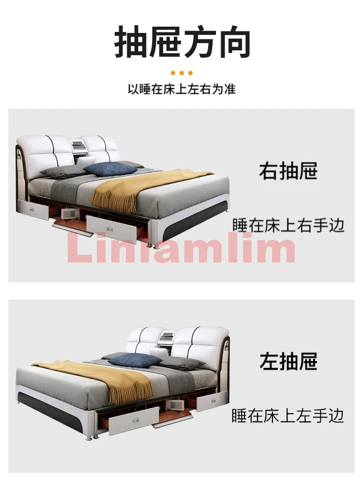 Linlamlim Tech-Smart Multifunctional Bed Genuine Leather Ultimate Camas Tatami Lit with Massage, Projector, Air Purifier,Speaker