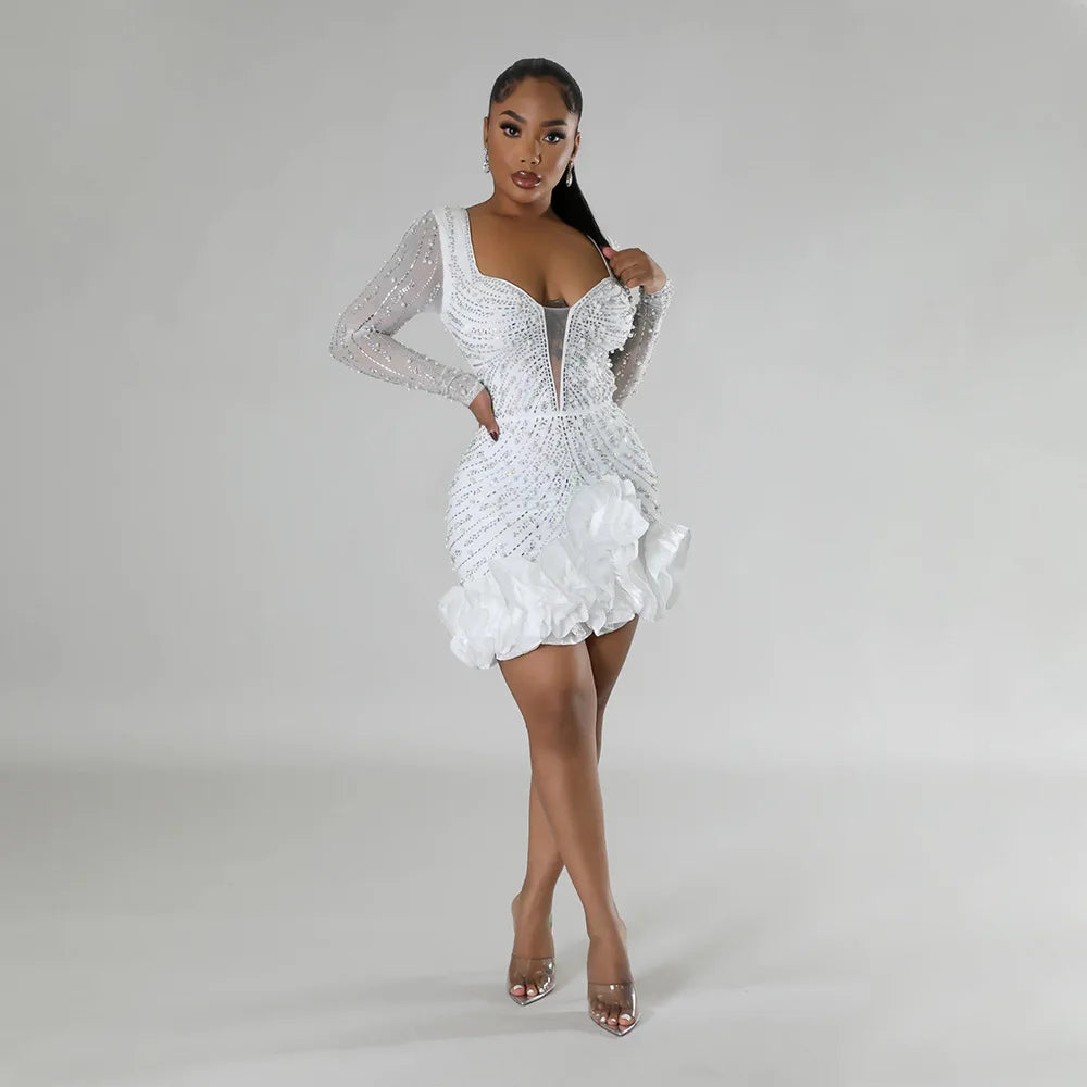 Women Dress Diamonds Splice Ruffles Mini Dresses Square Collar Full Sleeve Slim Fit Sold Evening Party Vestidos Elegant Ladies