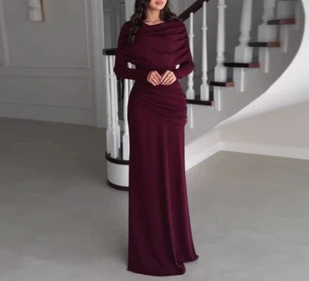 Womens Dresses  Spring New Round Neck Long Sleeves Elegant Temperament Ruched Waist Cinching Skinny Evening long Dress