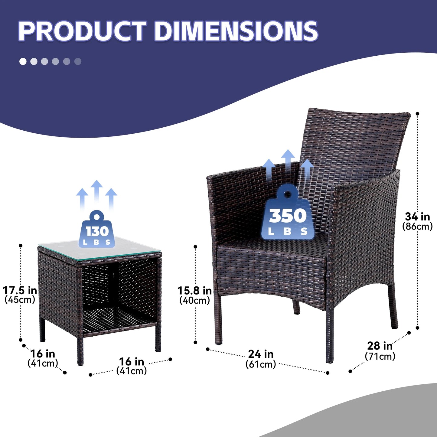 NAGA BAHNA 3-Piece Bistro Set Outdoor Patio Furniture Rattan Chairs Table Soft Cmats Tempered Glass Durable Comfortable Garden