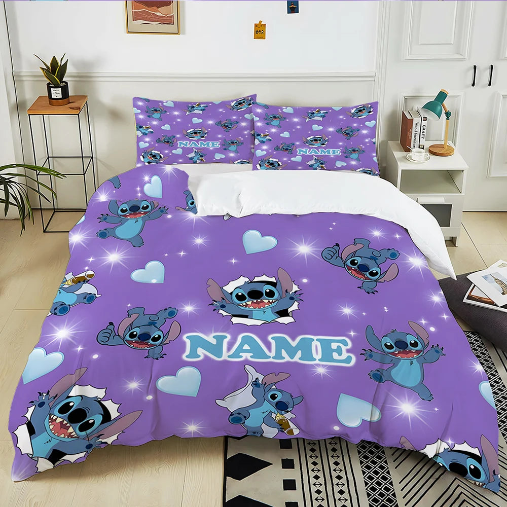 Custom Name Stitch Cartoon Printed Bedding Set Cartoon Anime Duvet Cover Comforter Pillowcase Boys Girls Children Adults King