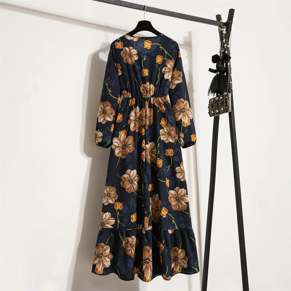 Women Eid Muslim Dresses Dubai Kaftan Tight Waist O Neck Morocco Arab Ruffles Spliced Vestidos Flowers Dress Casual Slim Fit